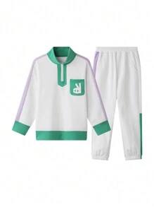 Annil Tween 女童和女童冬季户外运动服拼色立领儿童运动衫和裤子 2 件套