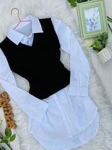 CAMISA CON CHALECO CASUAL FORMAL MUJER - Negro - Ver 2