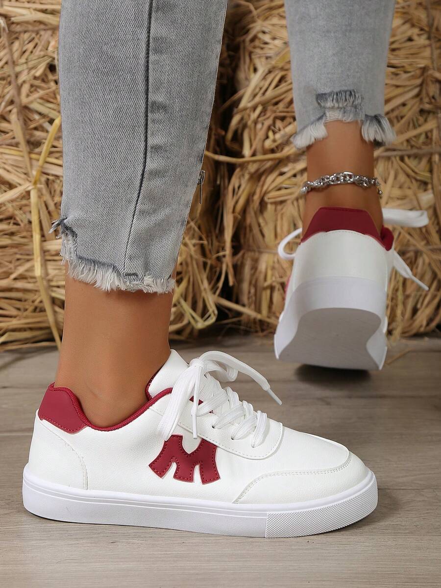 Zapatillas Deportivas Sencillas Para Mujer Con Bloque De Color Y Cordones - Beis - Ver 1