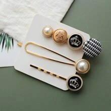 3pcs/set Fashionable Metal Hair Clips With Geometric Pattern In Gold, Black And White Colors, Suitable For Daily Use - Gold - View 2