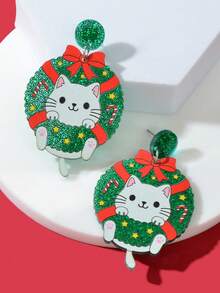 1雙聖誕綠色花環可愛貓耳環女性節日珠寶 - 綠色 - 查看 4