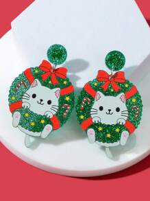 1雙聖誕綠色花環可愛貓耳環女性節日珠寶 - 綠色 - 查看 1