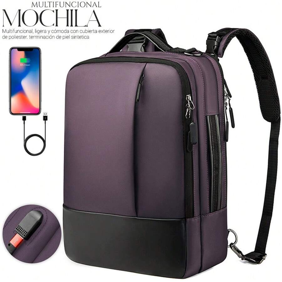 Shendy Vendy Mochila De Gran Capacidad Impermeable Escolar Con Carga Usb, bolso para estudiantes hombres y mujeres resistente al desgaste para viaje diario - Morado Violeta - Ver 1