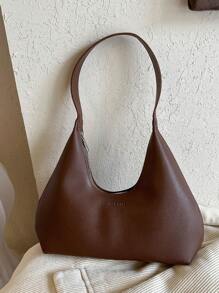 1pc Brown Pu Zipper Shoulder Bag With Rivet Decoration, Suitable For Ladies' Daily Use - Brown - View 3