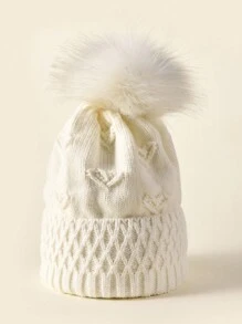 1 Miếng Của phụ nữ Love Chi tiết trái tim Dệt kim Mũ len Với Lót , Thích hợp Đối với Mùa thu & Mùa Đông Ấm áp - trắng - Xem 1