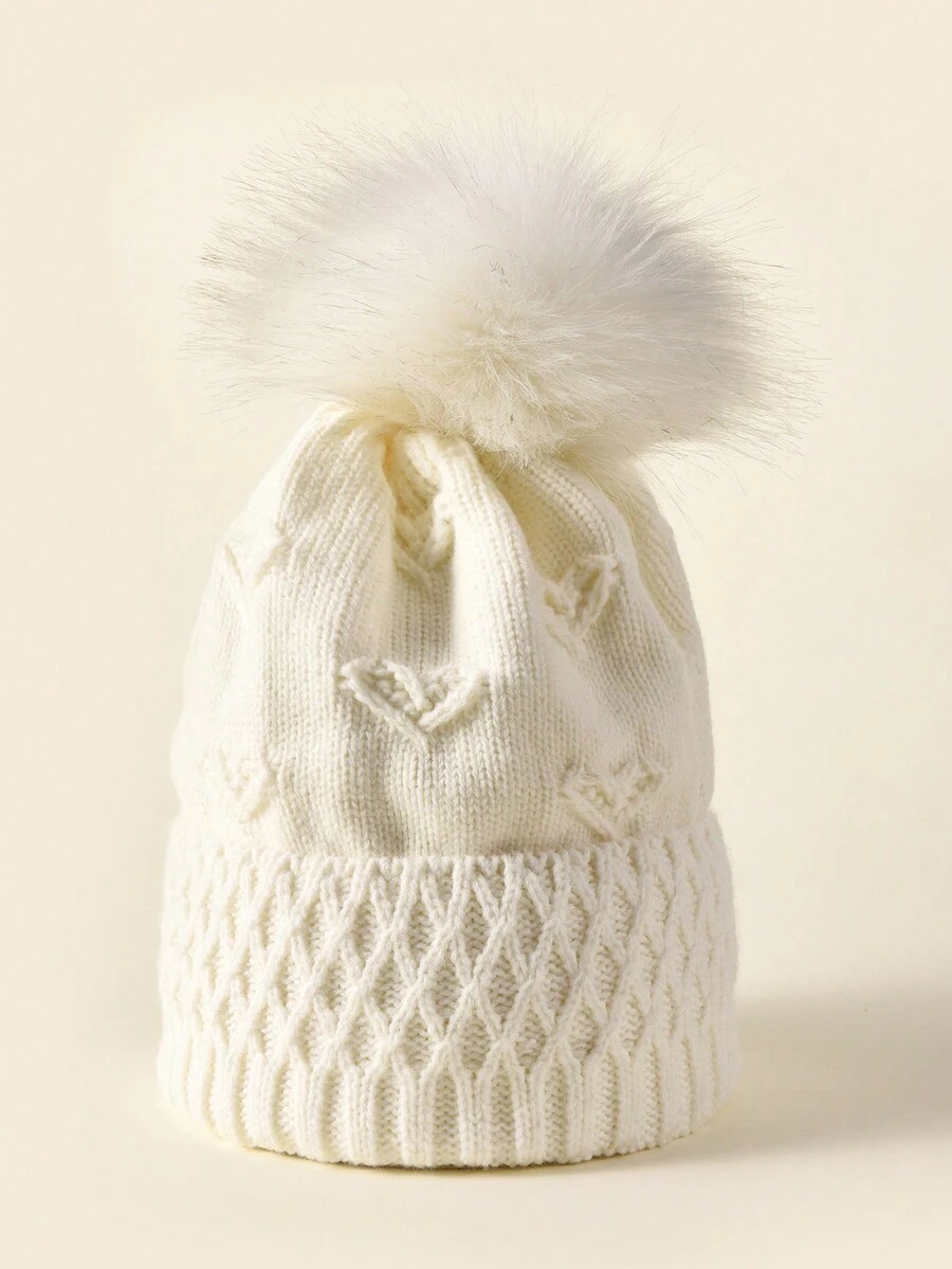 1 Miếng Của phụ nữ Love Chi tiết trái tim Dệt kim Mũ len Với Lót , Thích hợp Đối với Mùa thu & Mùa Đông Ấm áp - trắng - Xem 1