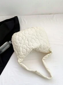 1 件白色绣花线尼龙大容量拉链时尚单肩包，适合女性日常使用