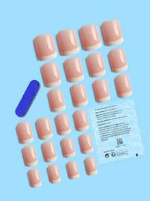 使用24入短方形假法式粉色指甲,打造迷人自己,簡潔優雅的女士指甲藝術套裝,可與壓克力指甲使用 - 彩色 - 查看 2