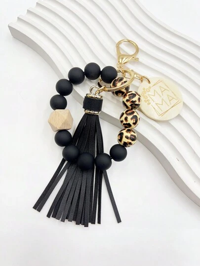 1 件印花木珠手链腕带钥匙扣，创意 MAMA 串珠流苏钥匙扣，适用于包包，女士钥匙圈礼物，适合朋友和家人汽车配件包饰学校可爱哥特 Y2k 包配件挂绳带身份证夹汽车配件包饰