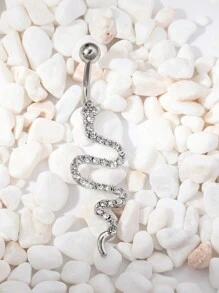 1pc Silver Luxury Belly Button Ring With Rhinestone And Snake Design For Women's Party Wear - Silver - View 2