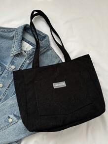 时尚宽敞条纹纯色休闲多用途双肩带女士单肩托特包 - 黑色 - 查看 5