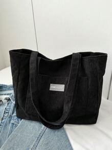 时尚宽敞条纹纯色休闲多用途双肩带女士单肩托特包 - 黑色 - 查看 6