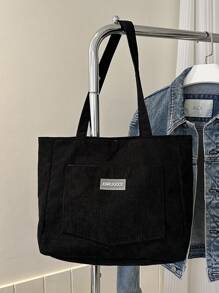 时尚宽敞条纹纯色休闲多用途双肩带女士单肩托特包 - 黑色 - 查看 9