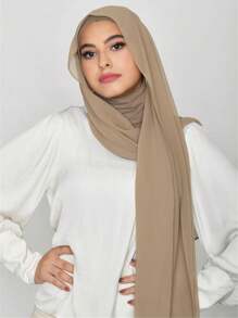 1pc Ladies' Pearl Decor Solid Color Chiffon Scarf, Suitable For Daily Use Headband Soft Hijab For Abaya Veiled Clothes - Camel - View 1
