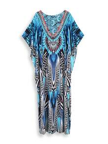 Tropical Print Caftan Batwing Sleeve Split Thigh Cover Up House Dress Summer - Multicolor - View 11