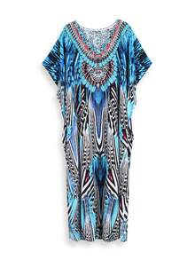 Tropical Print Caftan Batwing Sleeve Split Thigh Cover Up House Dress Summer - Multicolor - View 10