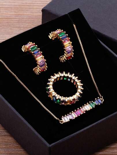 1 件情人节铜材质彩色方晶锆石戒指、项链、耳环套装，镀 18k 金，女士华丽珠宝约会礼物情人节、妈妈、母亲、母亲节、礼物