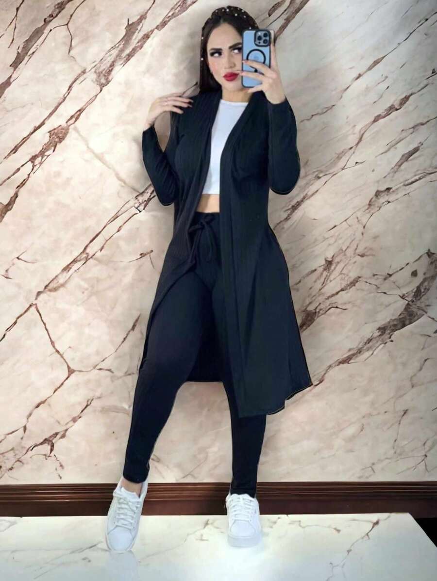 Conjunto Ensamble cardgan + top blusa + pantalon ligero estretch comodo - Negro - Ver 1