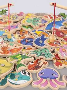 1set Wooden Magnetic Fishing Toys For Baby, Cartoon Marine Life Cognition Fish Games Education Parent-Child Interactive