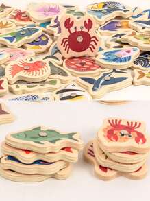 1set Wooden Magnetic Fishing Toys For Baby, Cartoon Marine Life Cognition Fish Games Education Parent-Child Interactive