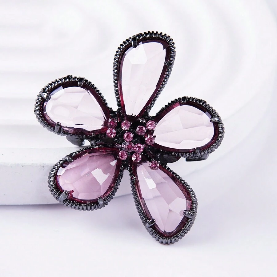 1入韓國風格復古時尚粉色水晶五瓣花胸針,植物花卉別針女性衣領徽章,時尚經典復古風格,節日驚喜禮物