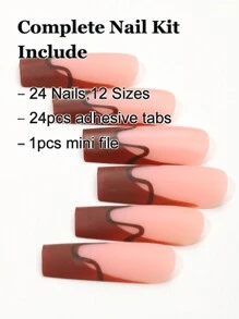 24入組棺材形狀啞光棕色條紋假指甲，適用於日常穿著＋1支指甲文件和1支果凍膠指甲用品 - 棕色 - 查看 3