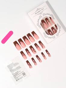 24入組棺材形狀啞光棕色條紋假指甲，適用於日常穿著＋1支指甲文件和1支果凍膠指甲用品 - 棕色 - 查看 2