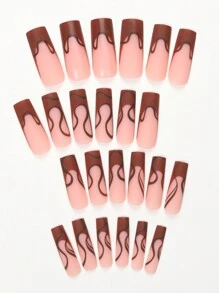 24入組棺材形狀啞光棕色條紋假指甲，適用於日常穿著＋1支指甲文件和1支果凍膠指甲用品 - 棕色 - 查看 4