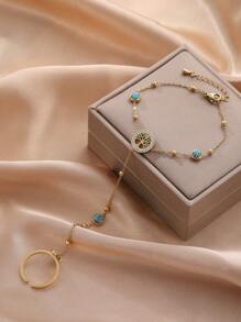 1pc Tree of Life & Turquoise Decor Finger Ring - Yellow Gold - View 2