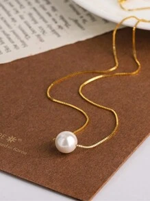 1pc Fashionable Faux Pearl And Gold Color Necklace Suitable For Women To Wear On Daily Parties - Yellow Gold - View 4
