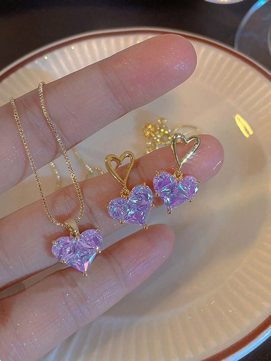 Set de 3 piezas de collar con colgante con forma de corazón morado con rhinestone y aretes a juego en estilo Y2k, ideal para fiestas, citas o uso diario, como un gran regalo para el Día de San Valentín - Morado - Ver 1
