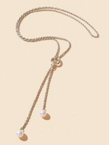 1 pieza Elegante collar de gota larga con diseño de cadena de plata minimalista y decoración de perla en forma de Y para mujer, joyería formal para el Body - Plateado - Ver 4