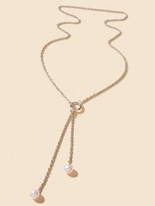 1 pieza Elegante collar de gota larga con diseño de cadena de plata minimalista y decoración de perla en forma de Y para mujer, joyería formal para el Body - Plateado - Ver 2