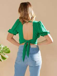 Women's Cropped Blouse / Princess Sleeves / Draped Blouse / Tie Back / With Built-In Bra - màu xanh lá - Xem 5