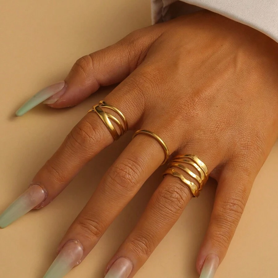 COINBUFF 3入組時尚不鏽鋼鍍金開口戒指,帶有線條細節,適合女性日常佩戴