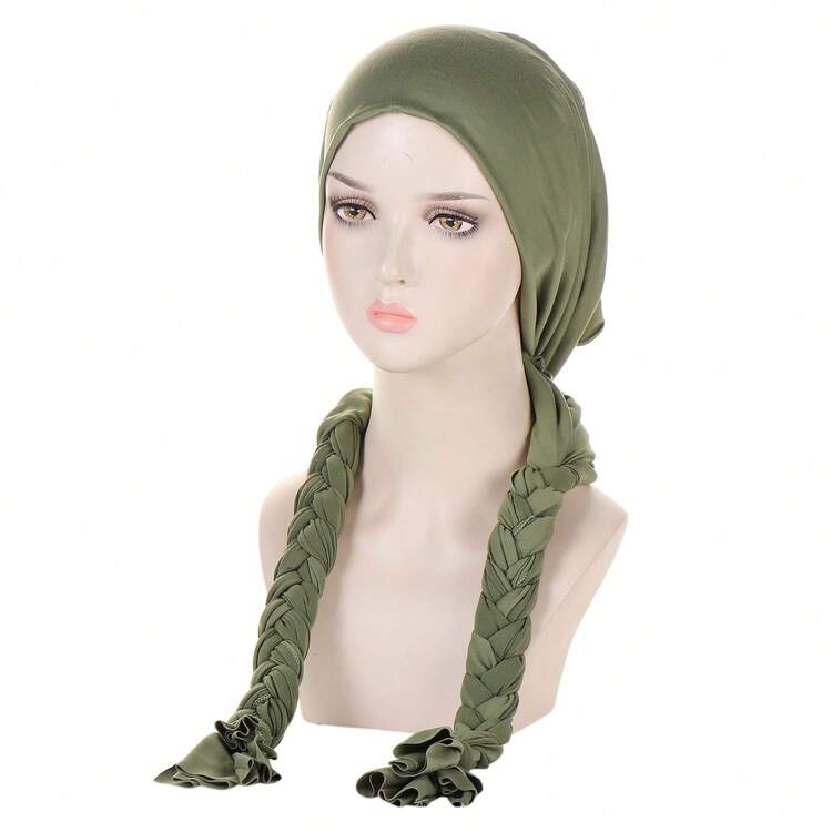 Ladies' Headband With Braids And Cap, Suitable For All Seasons - Olive Green - View 3