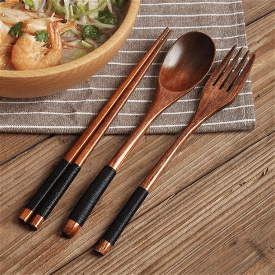 1pc Three-piece Spoon, Fork And Chopsticks Creative Adult Wooden Wire-wrapped Tableware Set - Phoebe color - View 1