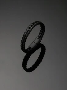 1個時尚商務pu皮革金屬貴族手鏈,適合作為假日生日禮物 - 黑色 - 查看 4