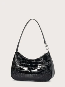 Crocodile Pattern Shoulder Bag/baguette Bag For Teenage Girls - Black - View 2