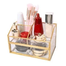 1pc Nordic Style Gold-Plated Makeup Vanity Organizer With Glass Desktop Drawer For Jewelry, Watches And Cosmetics Storage - Gold - View 2