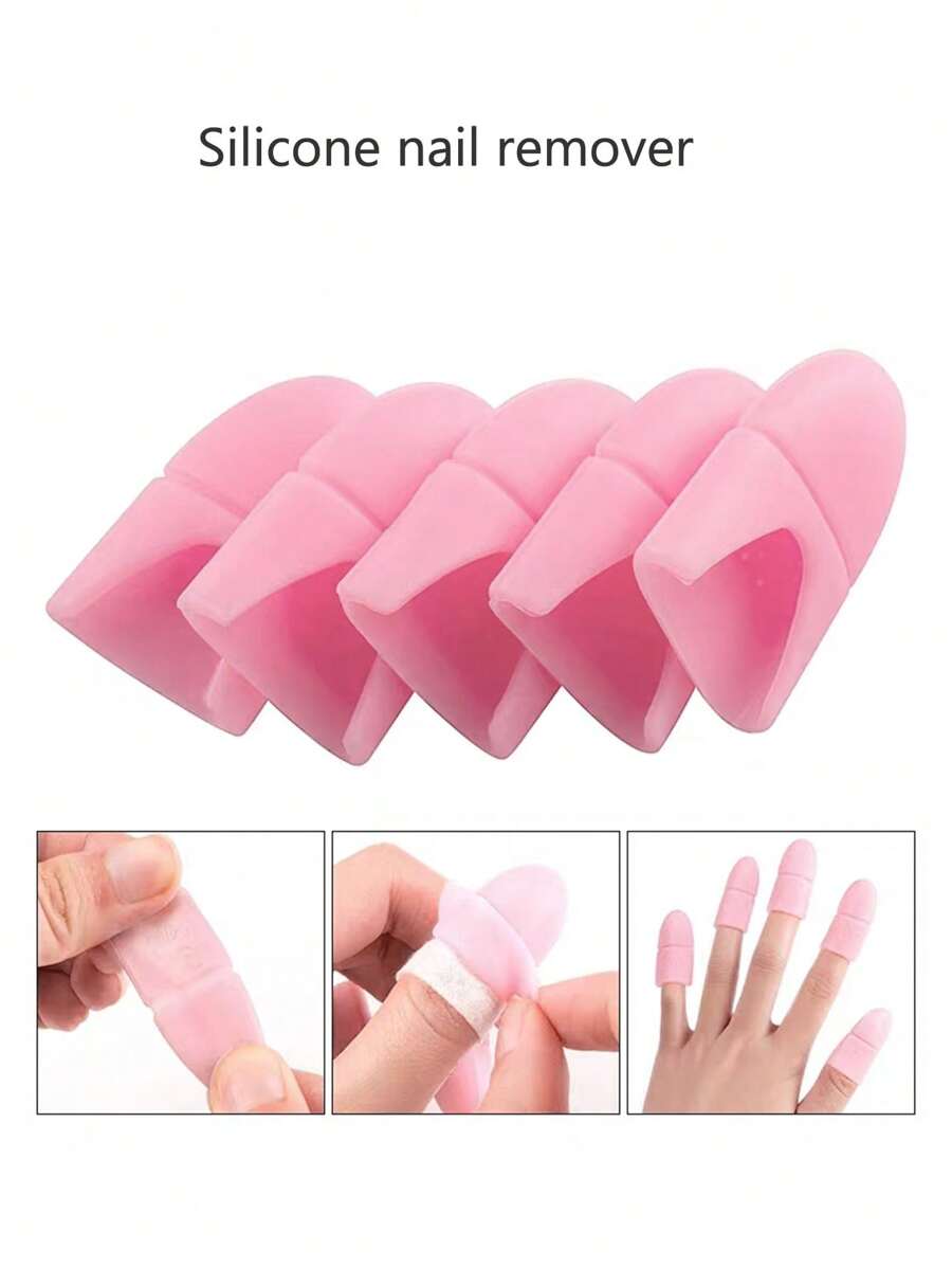 5pcs Reusable Silicone Nail Polish Remover Finger Cots, Nail Art Gel Soak Off Caps Manicure Tool Kit, Gel Polish Remove Wrap Clip Set - Pink - View 1
