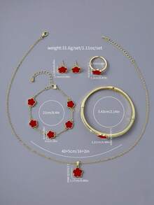 6入組微嵌閃鋯五瓣花形手鍊、銅製項鍊、手鍊、耳環、戒指套裝,為女性打造,是約會、婚禮、畢業典禮等完美禮物 - 紅色 - 查看 5
