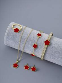 6入組微嵌閃鋯五瓣花形手鍊、銅製項鍊、手鍊、耳環、戒指套裝,為女性打造,是約會、婚禮、畢業典禮等完美禮物 - 紅色 - 查看 3