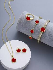 6入組微嵌閃鋯五瓣花形手鍊、銅製項鍊、手鍊、耳環、戒指套裝,為女性打造,是約會、婚禮、畢業典禮等完美禮物 - 紅色 - 查看 2