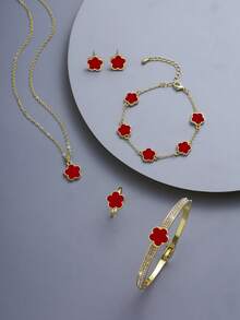 6入組微嵌閃鋯五瓣花形手鍊、銅製項鍊、手鍊、耳環、戒指套裝,為女性打造,是約會、婚禮、畢業典禮等完美禮物 - 紅色 - 查看 4