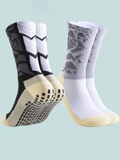 2pairs Men's Anti-Skid Thick Cushioning Football Basketball Sports Socks With Arch Support, Grip Socks, For Gym, Fall