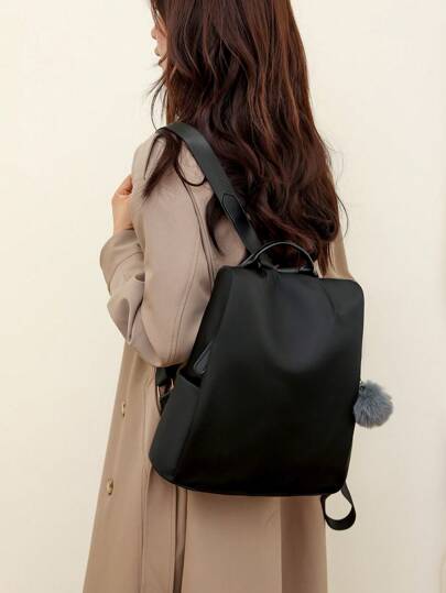 純色極簡風格全配適用背包,純色帆布背包,拼接裝飾拉鍊書包,字母圖形學校背包,帶耳機孔可攜式,經典休閒款式,適合青少年女孩女大學生,校園、戶外、旅行、郊遊、上班、商務、通勤、購物