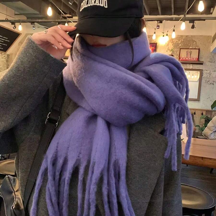 1條女士純色仿羊絨圍巾,新品秋冬保暖頸巾 - 玫紅色 - 查看 1