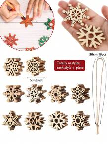 10pcs Unfinished Christmas Wooden Snowflake Ornament, Blank Hollow Hanging Decorations With Rope, Diy Craft, Xmas Tree Decoration,Christmas