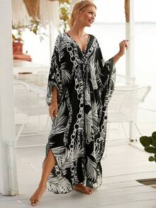 熱帶圖案蝙蝠袖罩衫連衣裙 - 黑與白 - 查看 4